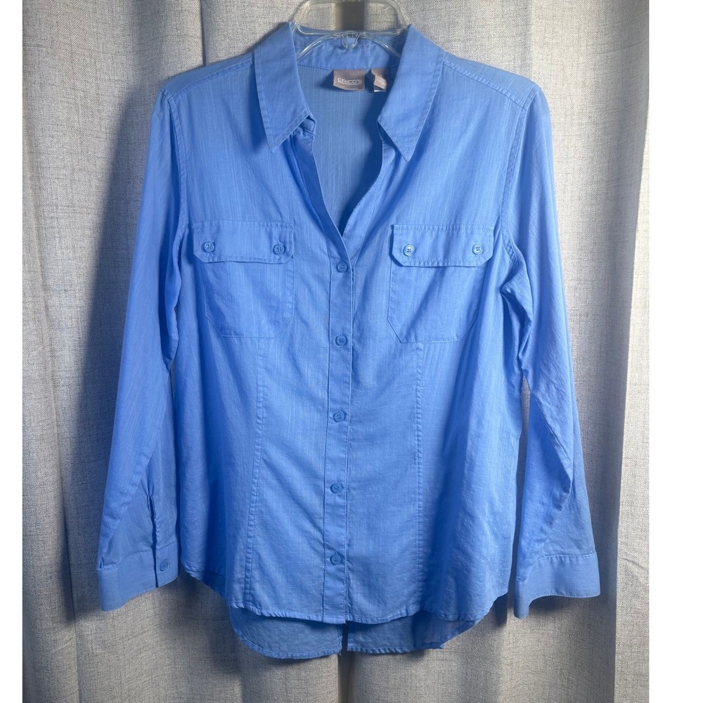 Chicos Blue 100% Cotton Slub Button Down Roll Tab Sleeve Shirt Size 1 Medium
